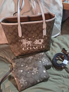 Coach Signature Tote with White Trim & Snowflake Wristlets